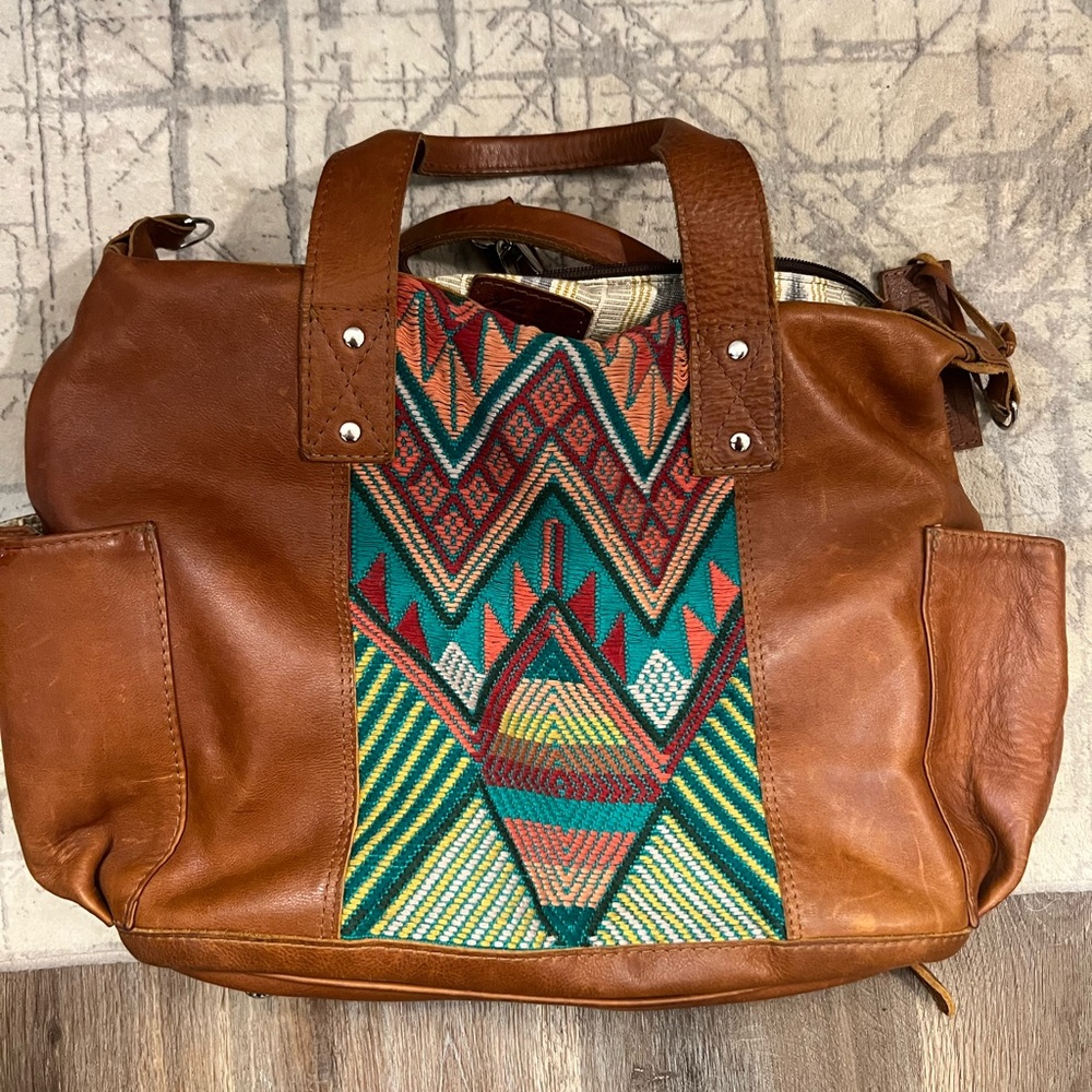 Brown Leather Tote with Colorful Geometric Pattern
